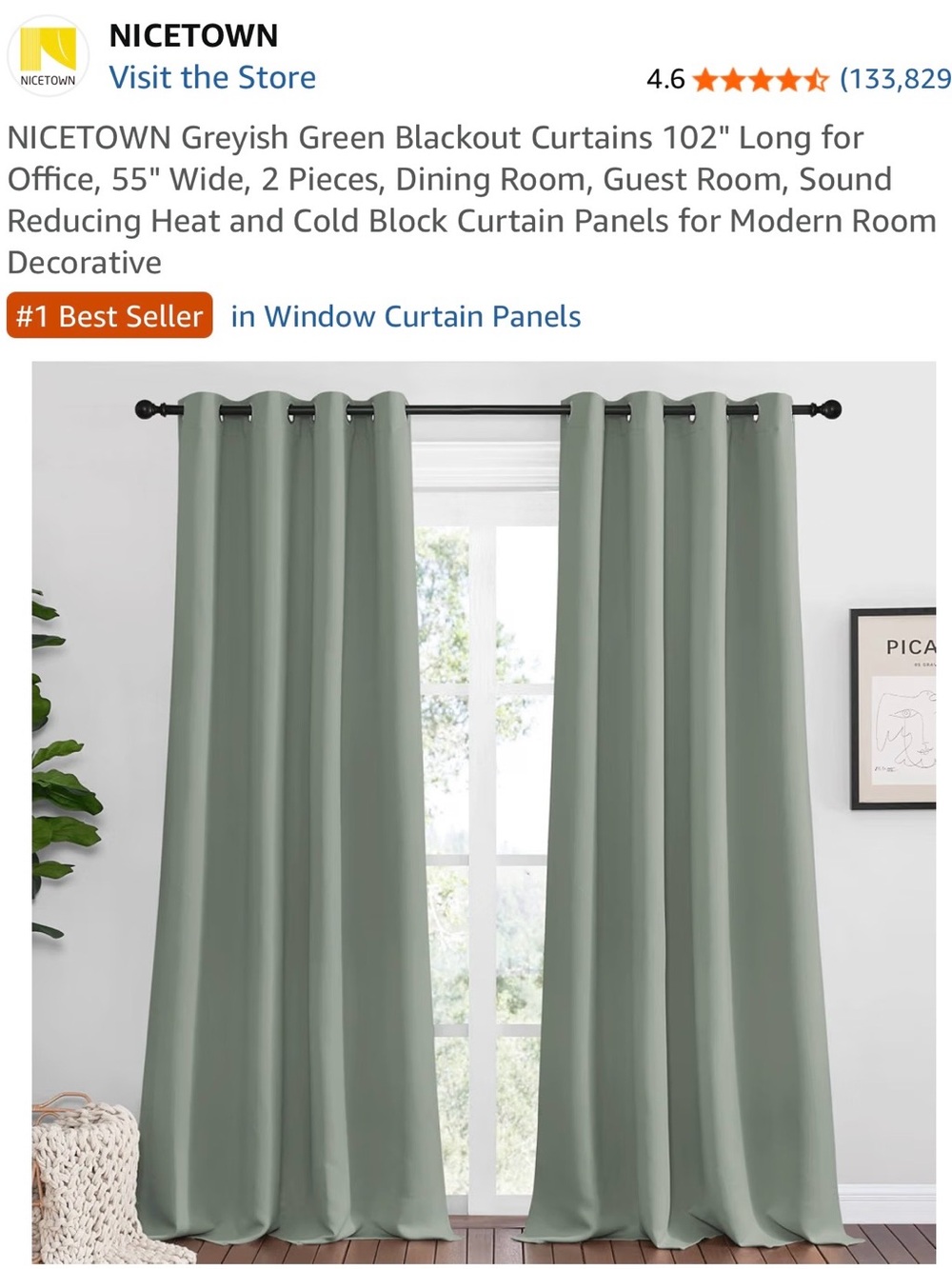 2 New Greyish Green Blackout Curtain Panels - Pair 55W x 102L
